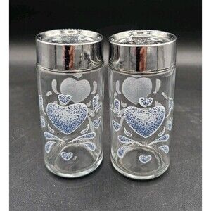 Corelle Blue Hearts Salt & Pepper Large Shakers Set Glass See Photos